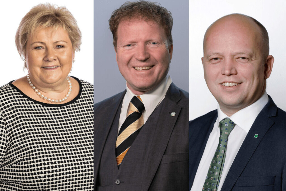 KOMMER TIL GJØVIK: Erna Solberg (H) (foto: Stortinget), kommunalminister Sigbjørn Gjelsvik (foto: Trond A. Isaksen) og finansminister Trygve Slagsvold Vedum (foto: Kenneth Hætta)